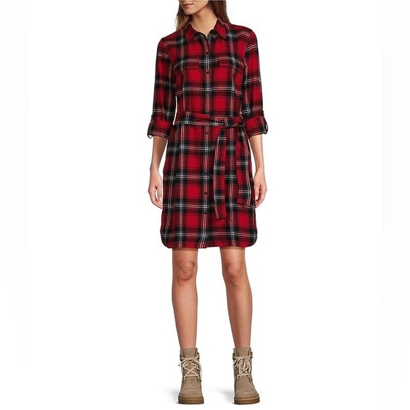 L.L.Bean Signature Sz M Camp Flannel Roll-Tab Long Sleeve Plaid Shirt Dress - Picture 1 of 15